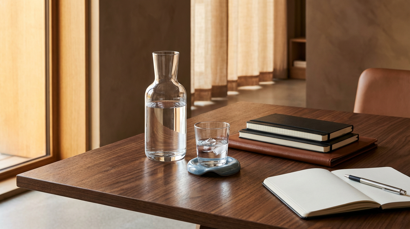 A wooden desk with a glass carafe of water, a glass with water and a few ice cubes on a stone coaster, a stack of black notebooks, a brown leather cover, an open notebook with a pen, and a beige chair nearby.