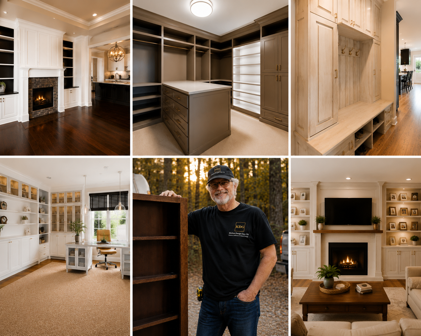 A collage of six images showcasing different interior styles of living and home office spaces, and a man holding a wooden cabinet outdoors, all related to home renovation or interior design.