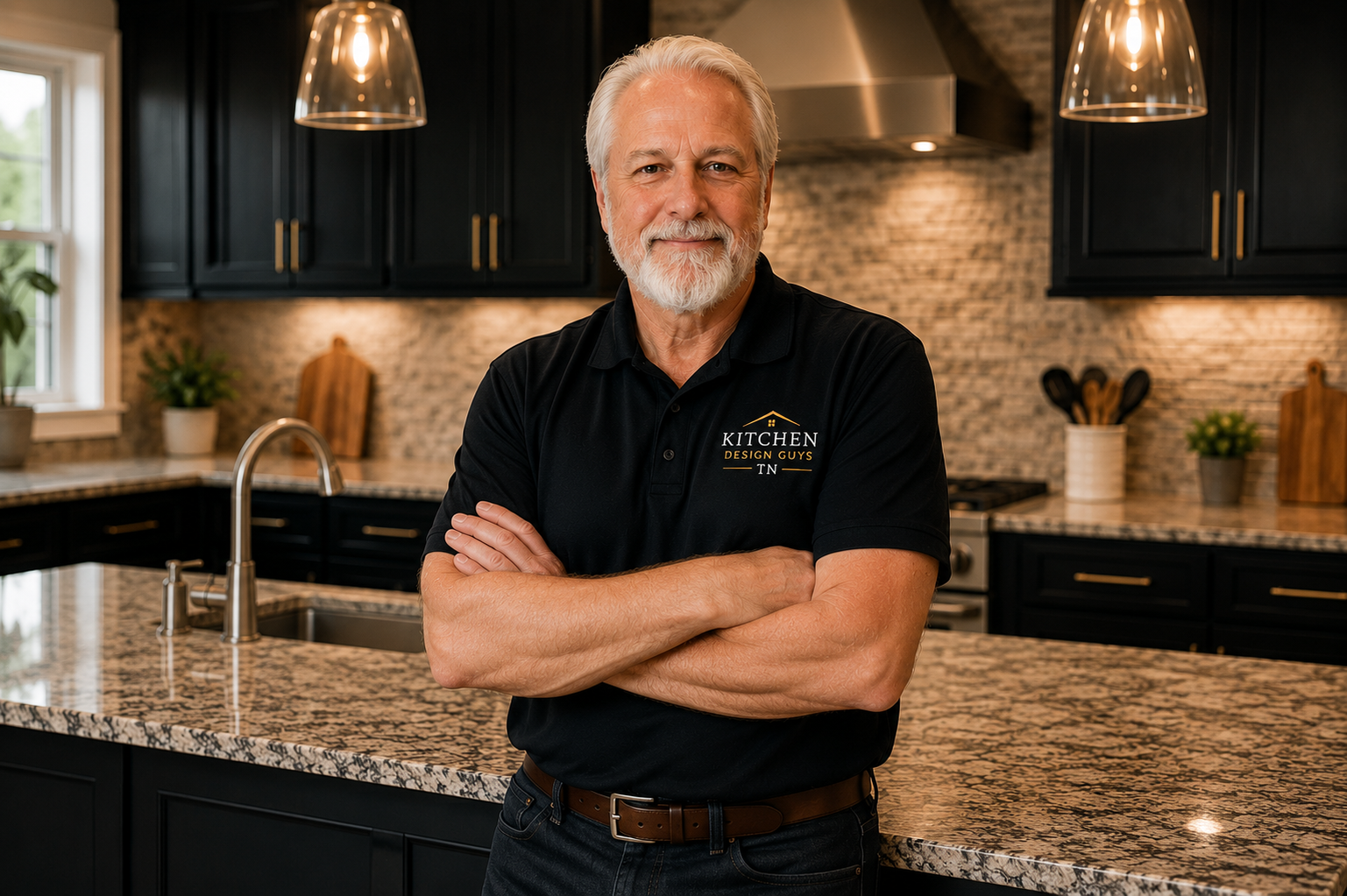 Brian Kind, owner and kitchen designer at Kitchen Design Guys TN, standing in a custom kitchen in Clarksville, TN.
