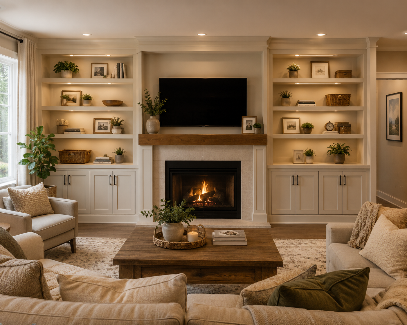 Custom living room built-ins featuring integrated cabinetry, open shelving, and a warm fireplace centerpiece designed for comfort, organization, and everyday living.