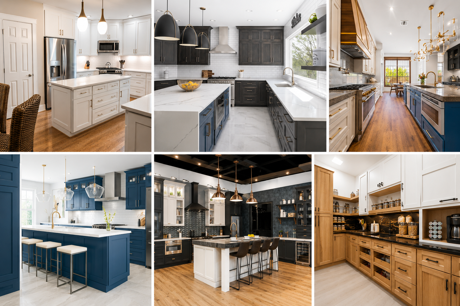 A collage of six different kitchen interiors with various color schemes, designs, and cabinetry styles.