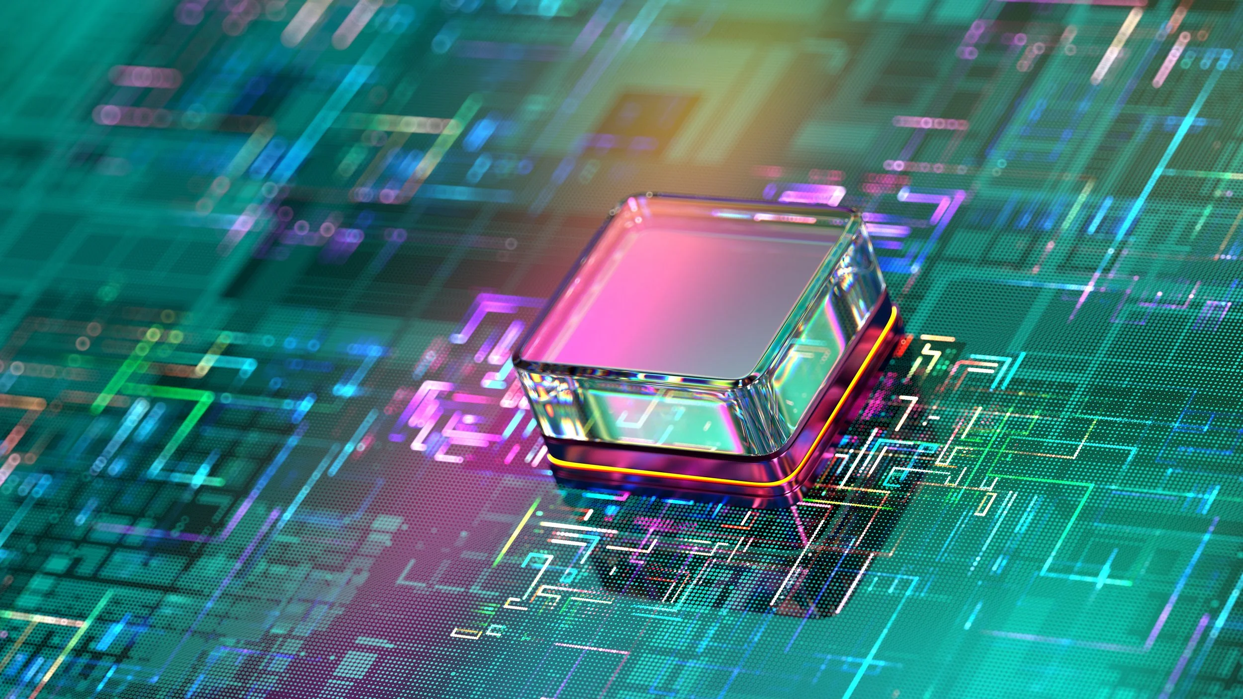 Futuristic digital hologram with colorful circuit-like patterns and a transparent glass cube at the center.