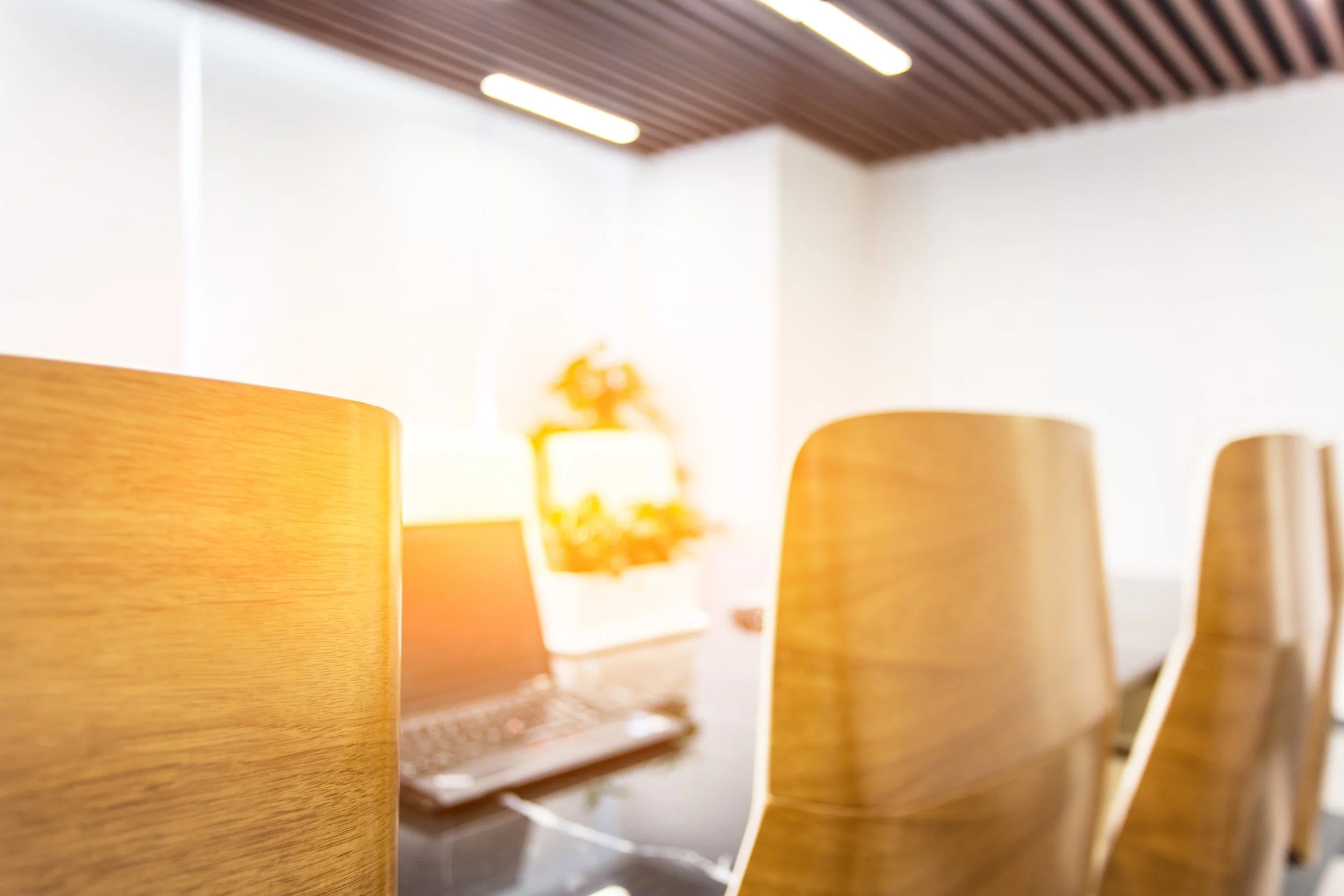 Close-up of wooden chairs in a conference room with a blurred background of a white wall and a yellow object.