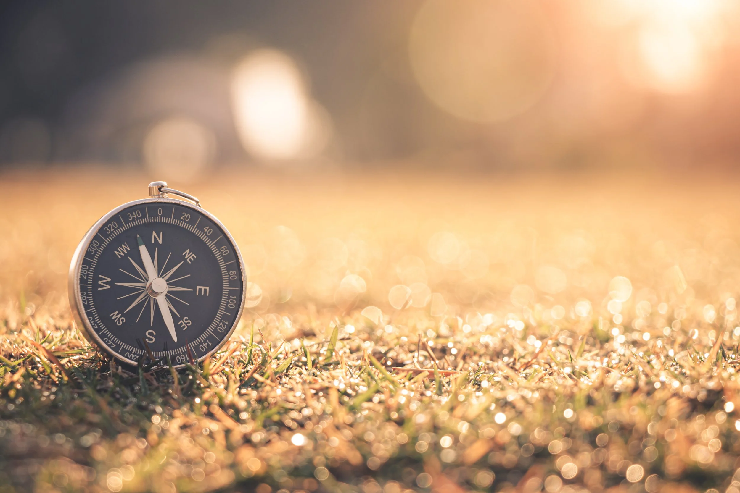 A compass lying on the grass with a blurred background of bright sunlight and bokeh effect.