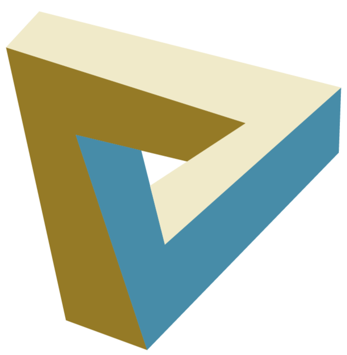 An optical illusion of a three-dimensional Penrose triangle with blue, gold, and cream-colored sides.