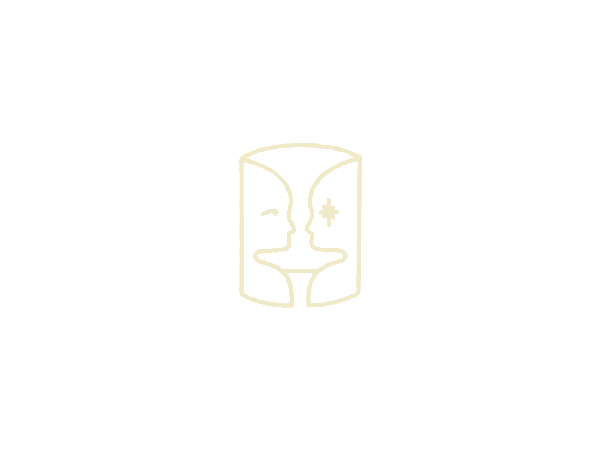 Minimalist line art of two faces in profile, facing each other, enclosed in a vertical rectangle.