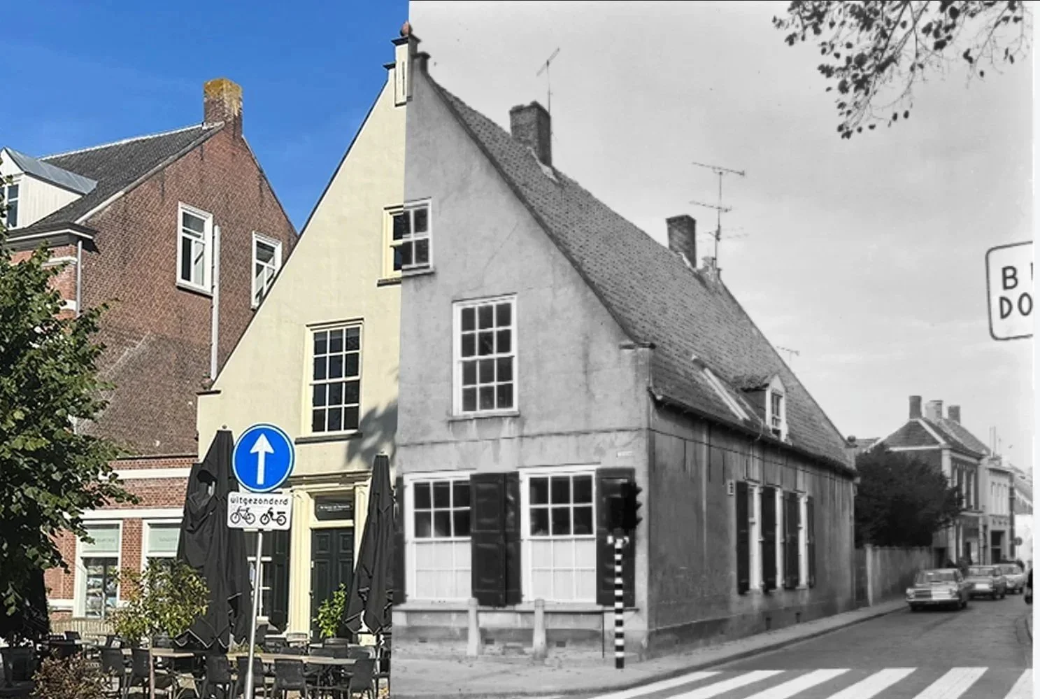 Vergelijking van een gebouw in kleur en zwart-wit, met rechts een straat en geparkeerde auto's.