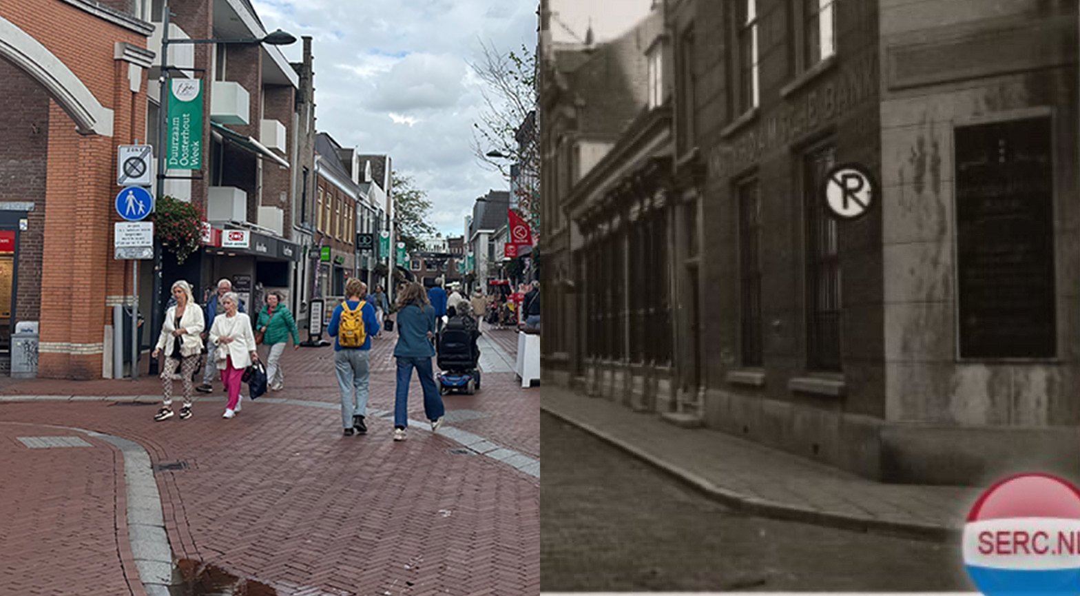 Een straat in een winkelcentrum met mensen die lopen en winkeltjes aan de zijkant. Rechts een gebouw met een 'R' verkeersbord en een kleurige sticker.