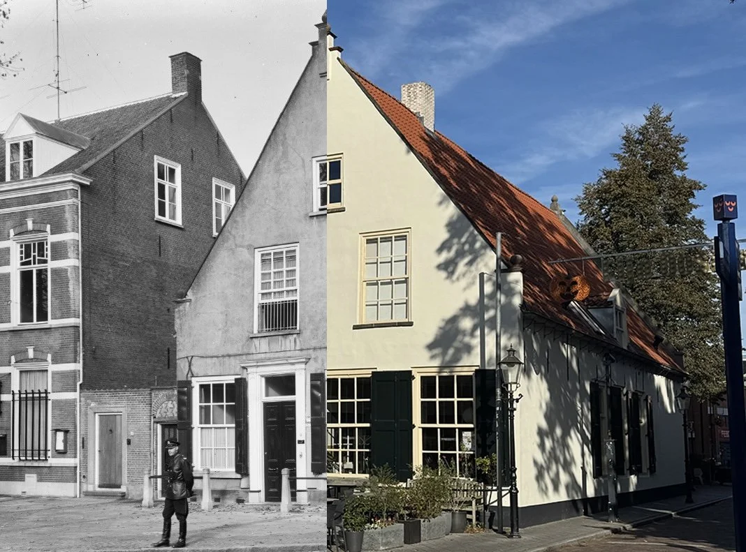 Vergelijking van een zwart-wit oude foto en een gekleurde moderne foto van hetzelfde huis en straat, met een man in de straat op de oude foto.