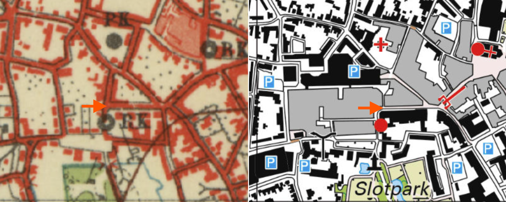 Vergelijking van oude en moderne stadsplattegrond met locatie gemarkeerd door een oranje pijl.
