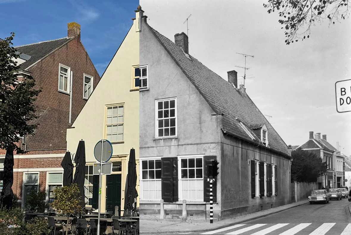 Vergelijking van een kleurfoto en een zwart-witfoto van hetzelfde gebouw, waarbij de kleurversie goed zichtbaar is aan de linkerkant en de zwart-witversie aan de rechterkant.