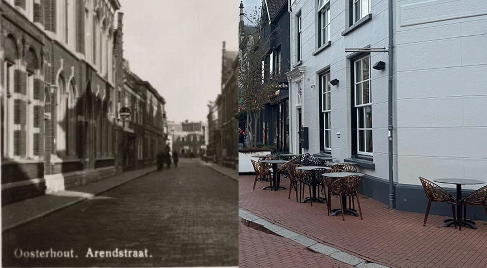 Vergelijking van een zwart-wit oude foto van Oosterhout, Arendstraat met een moderne gekleurde foto van dezelfde straat met drinkgelegenheden buiten.