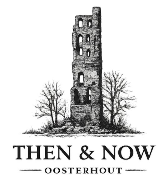 Een zwart-witte tekening van een oude, afbrokkelende toren met bomen ernaast, onder de tekst 'Then & Now' en 'Oosterhout'.
