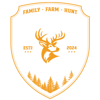 A black and orange shield-shaped emblem with a deer head graphic. Text reads "Family - Farm - Hunt" at the top, "Buck Fever" in bold, and "White Tails" at the bottom. Also includes "ESTD 2024" with stars on either side.