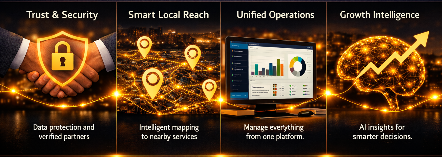 Graphic of four sections with icons and text showing trust and security, smart local reach, unified operations, and growth intelligence for data-driven decision making.