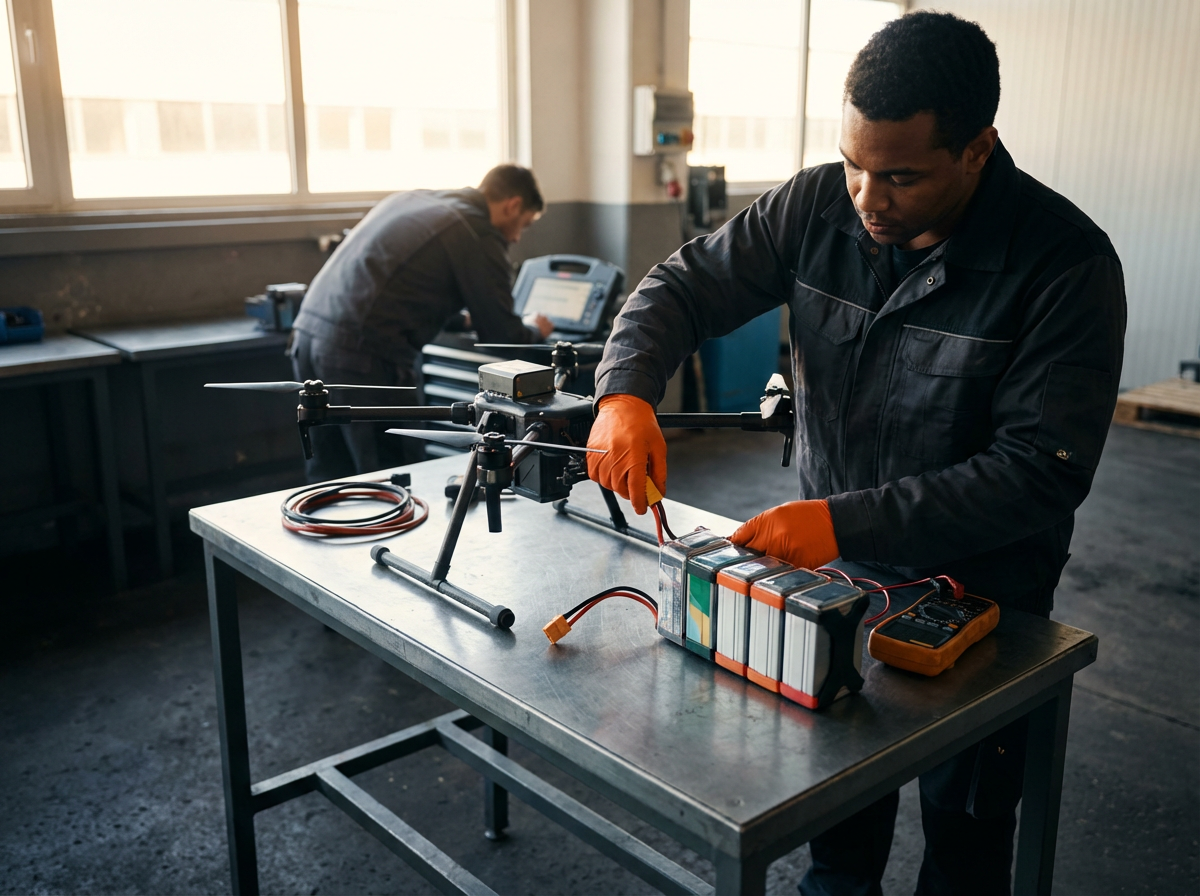 Man working on a drone with a battery pack and testing equipment in a workshop, with another man in the background using a device.