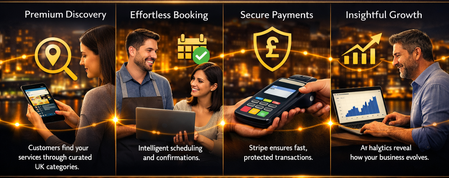 Digital graphic illustrating a business process with four steps: customers discovering services through UK categories on a smartphone; scheduling and confirmation via an online platform; secure transactions using a card reader; and analytics revealing business growth with a bar chart on a laptop.