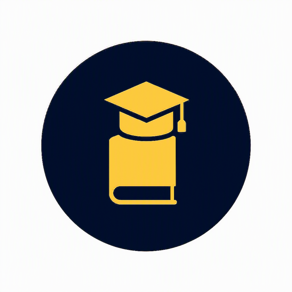 Icon of a yellow graduation cap, book, and diploma on a dark circular background, representing education or graduation.