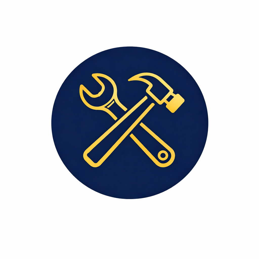 Icon of a wrench, screwdriver, and hammer crossed on a dark blue circular background. It represents home services.