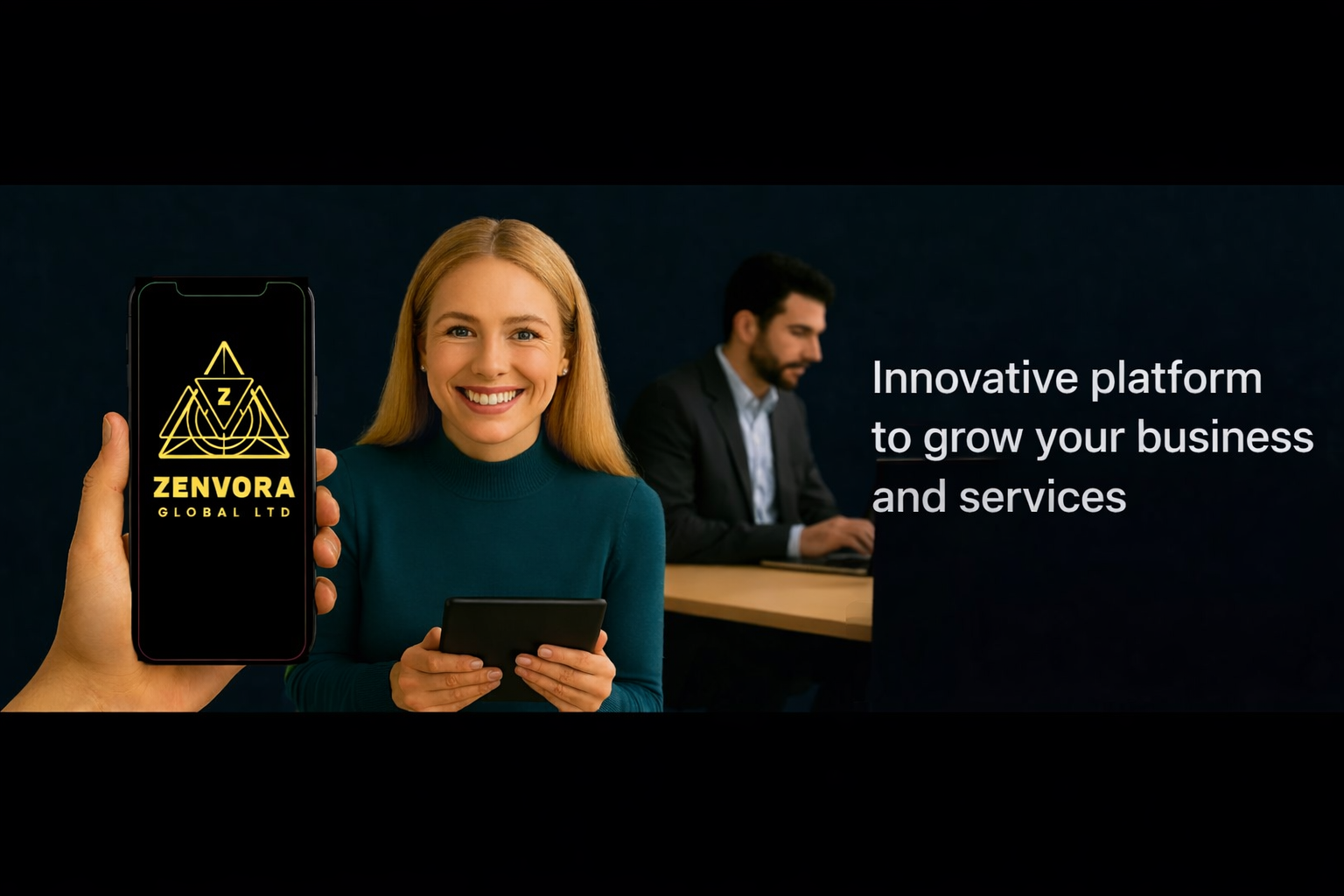 A smiling woman holding a smartphone with a logo for Zenvora Global Ltd, with a man working on a laptop in the background, and text that reads 'Innovative platform to grow your business and services'.