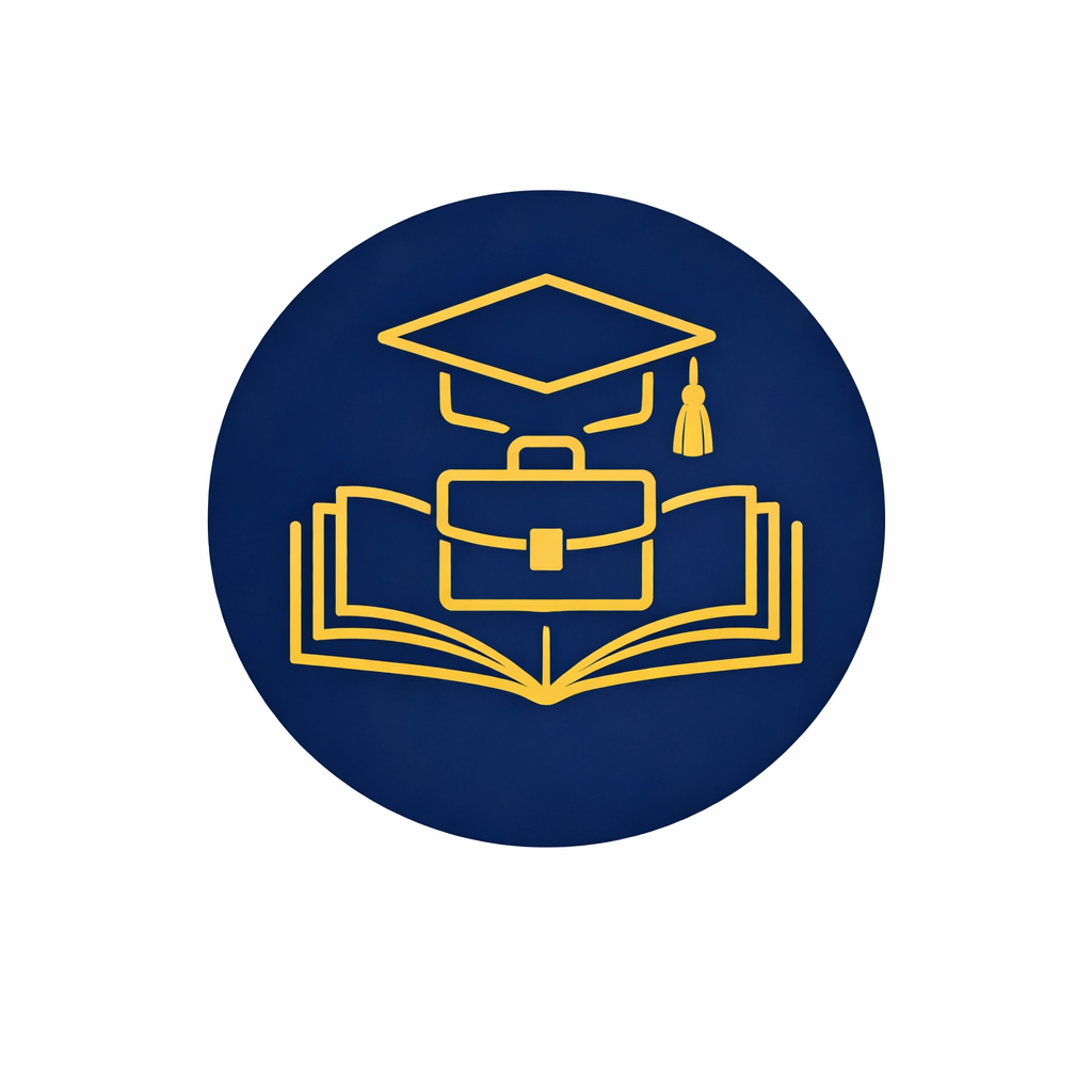 Illustration of a graduation cap, briefcase, and open book in yellow line art on a dark blue circular background, symbolizing education and graduation.