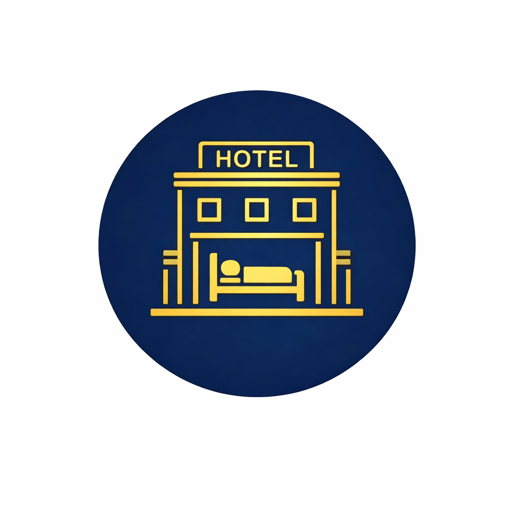 Icon of a hotel building with a bed inside, on a dark blue circular background.