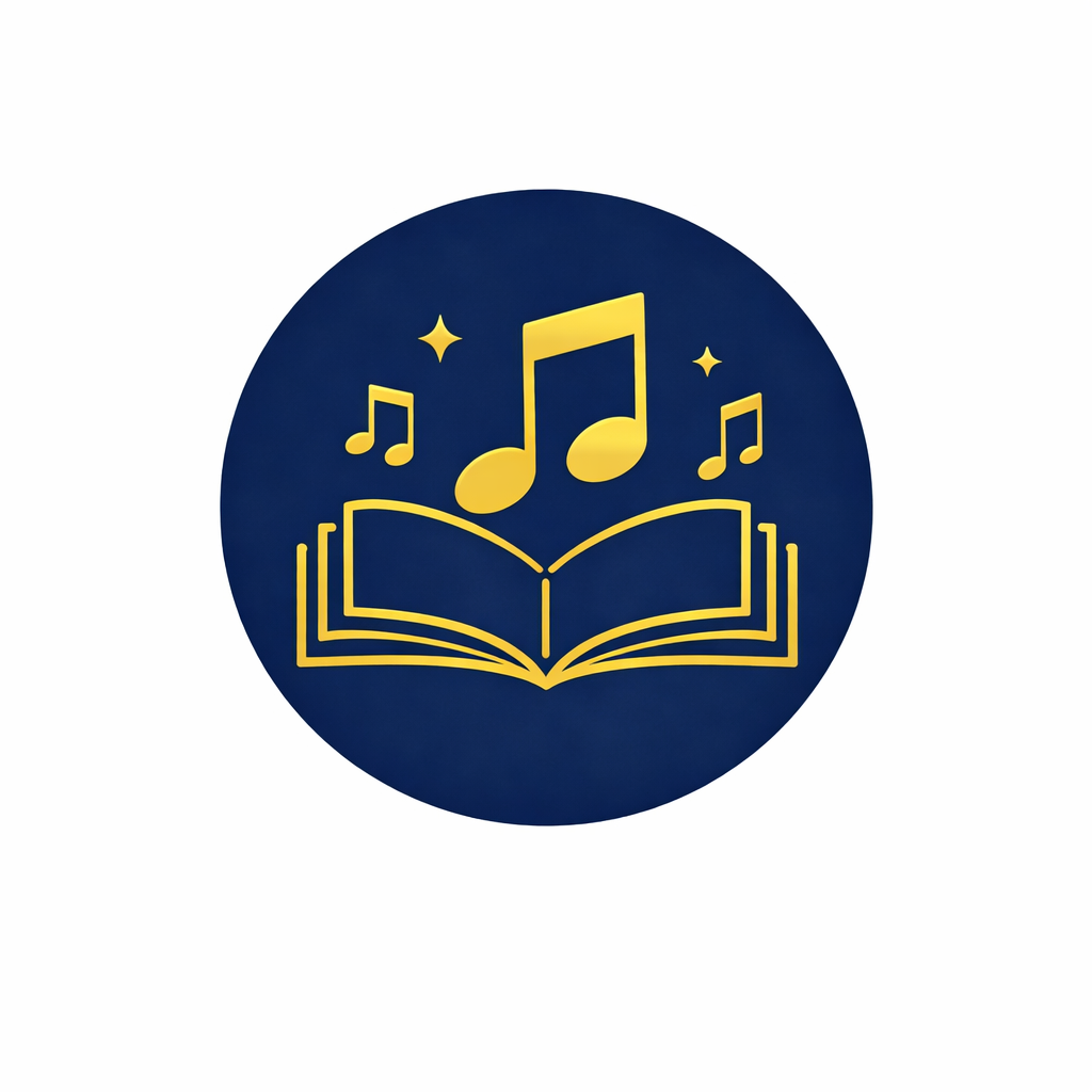 A round logo with a dark blue background featuring an open book and musical notes emanating from it, in gold colour. Representing music and instrument lessons.