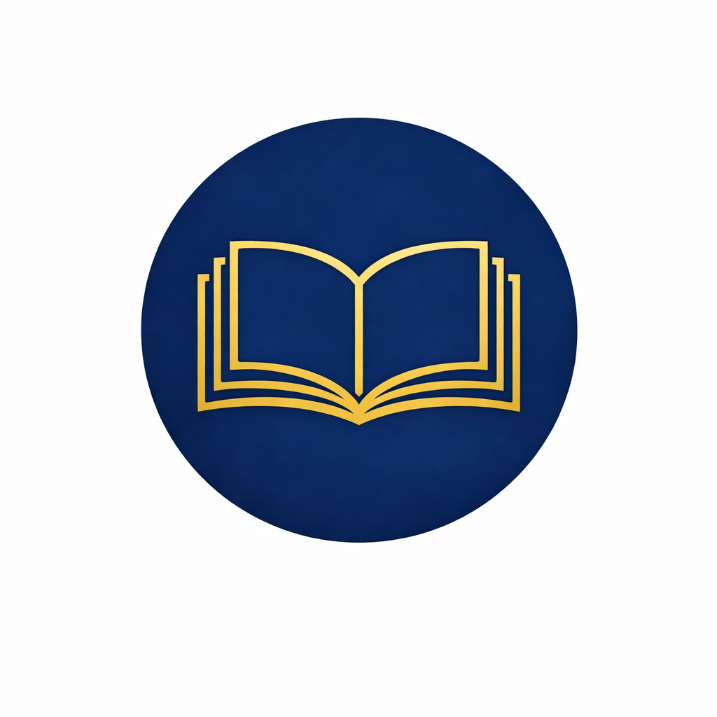 Icon of an open book with a gold outline on a dark blue circular background. Represents books and audio of books.
