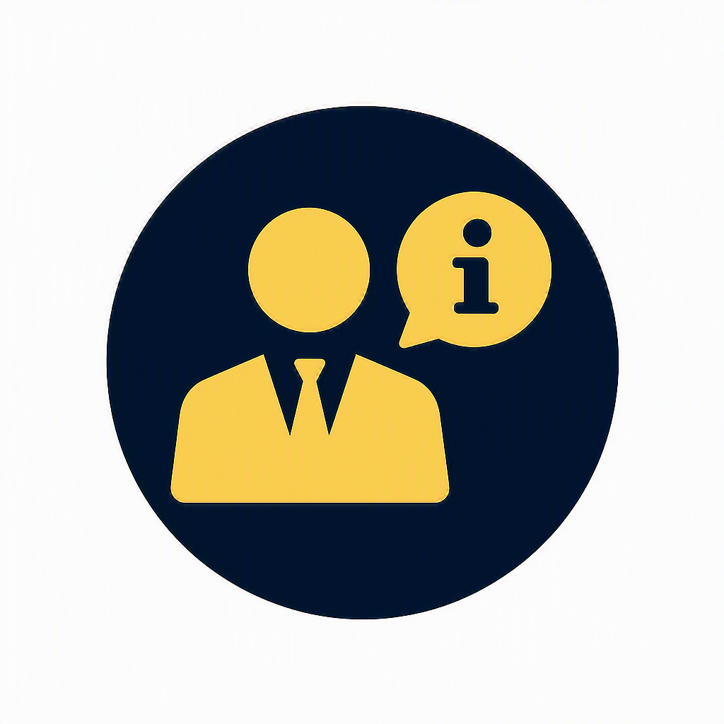 Icon of a person in a suit with a speech bubble containing an informational 'i' symbol.