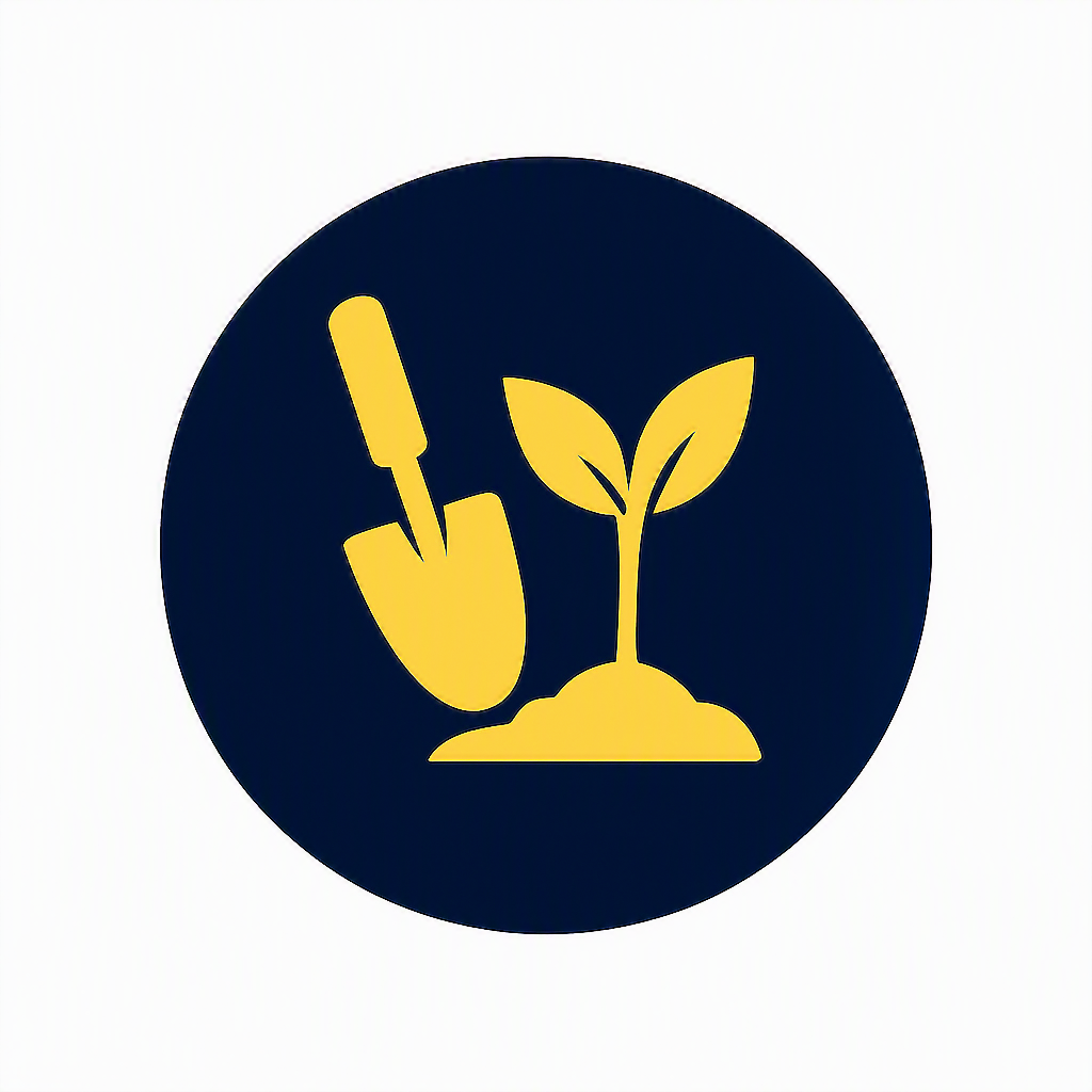 Icon of a yellow plant with two leaves growing from the ground, next to a yellow gardening trowel and a screwdriver inside a dark blue circle, representing gardening or plant care.