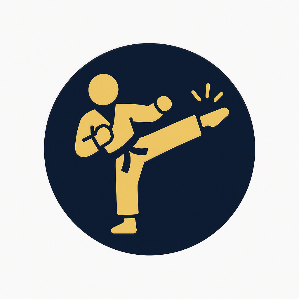 Sign indicating martial arts or self-defense, showing a person executing a high kick with a black belt.
