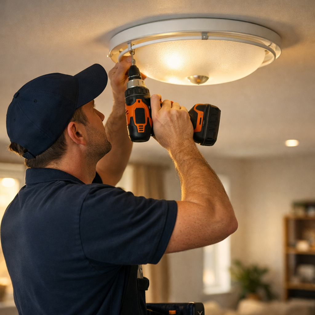 A man installing or repairing a ceiling light fixture using a cordless drill in a home interior.