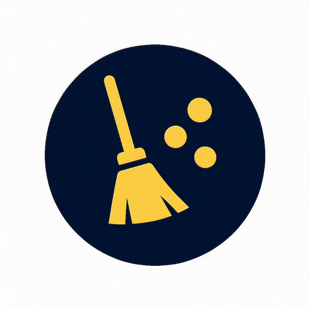 Icon of a yellow broom sweeping with three yellow dust particles on a dark blue circular background.