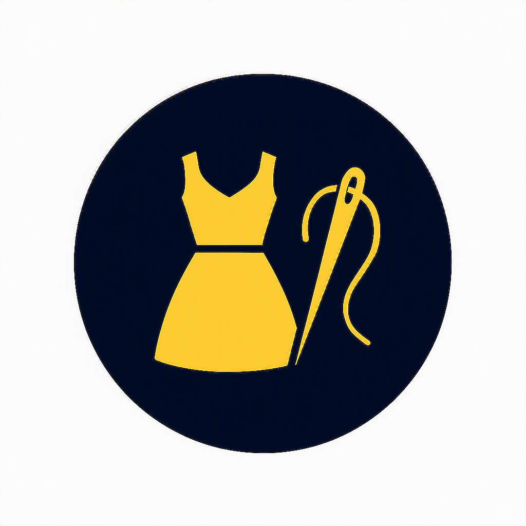 Yellow dress icon and sewing needle icon on a black circular background.
