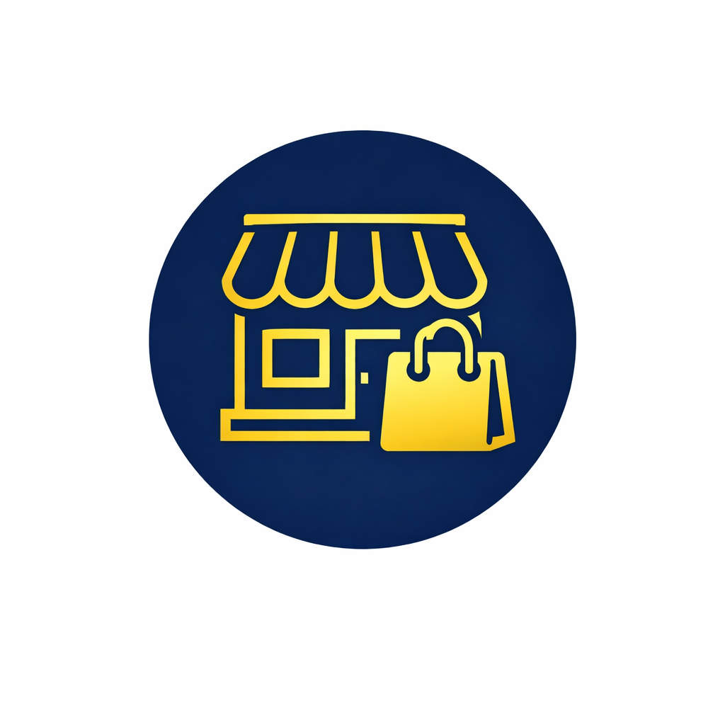 Icon of a small storefront with an awning and a shopping bag, all in yellow on a dark blue circular background.
