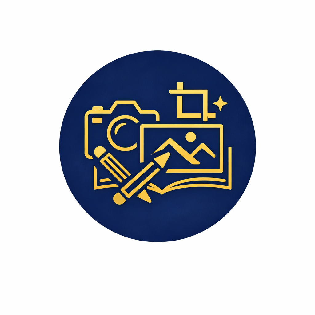 An icon with a yellow outline on a blue background depicting a camera, a pencil, a magnifying glass, a photo with mountains, and a book.