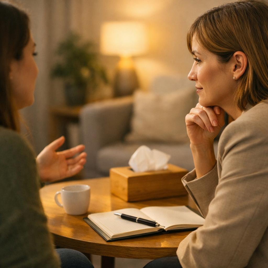 Two women having a conversation at a table with a notebook, pen, tissue box, coffee cup, and a lamp in the background.