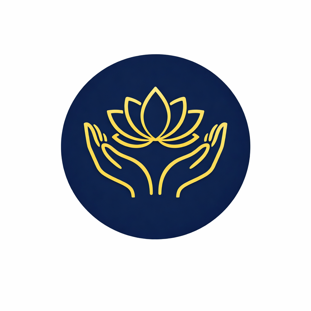 A minimalistic logo featuring two stylized yellow hands holding a lotus flower on a dark blue circular background.