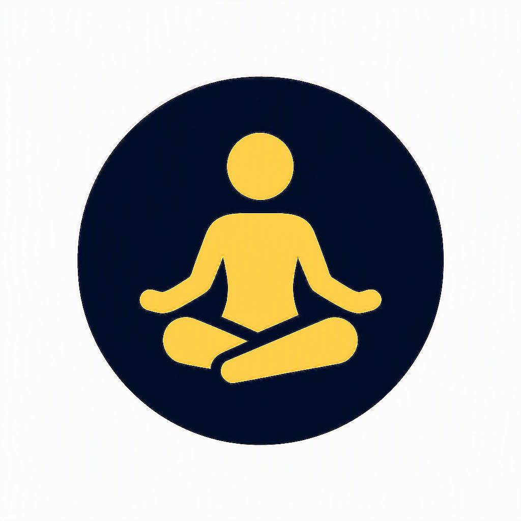 Yellow icon of a person sitting in a cross-legged meditation pose inside a dark circle. represents yoga, meditation classes.