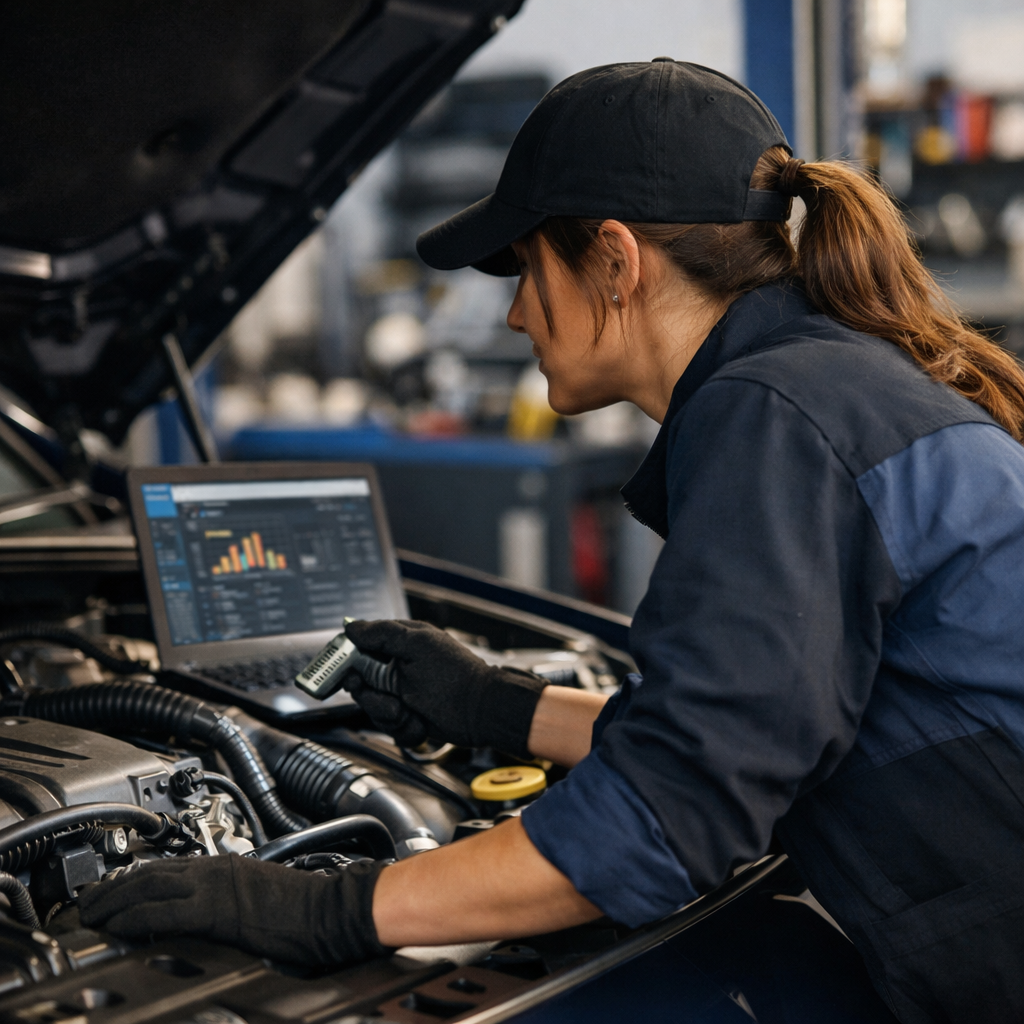 A woman working on a car engine in a garage, using a diagnostic device and a laptop displaying data.
