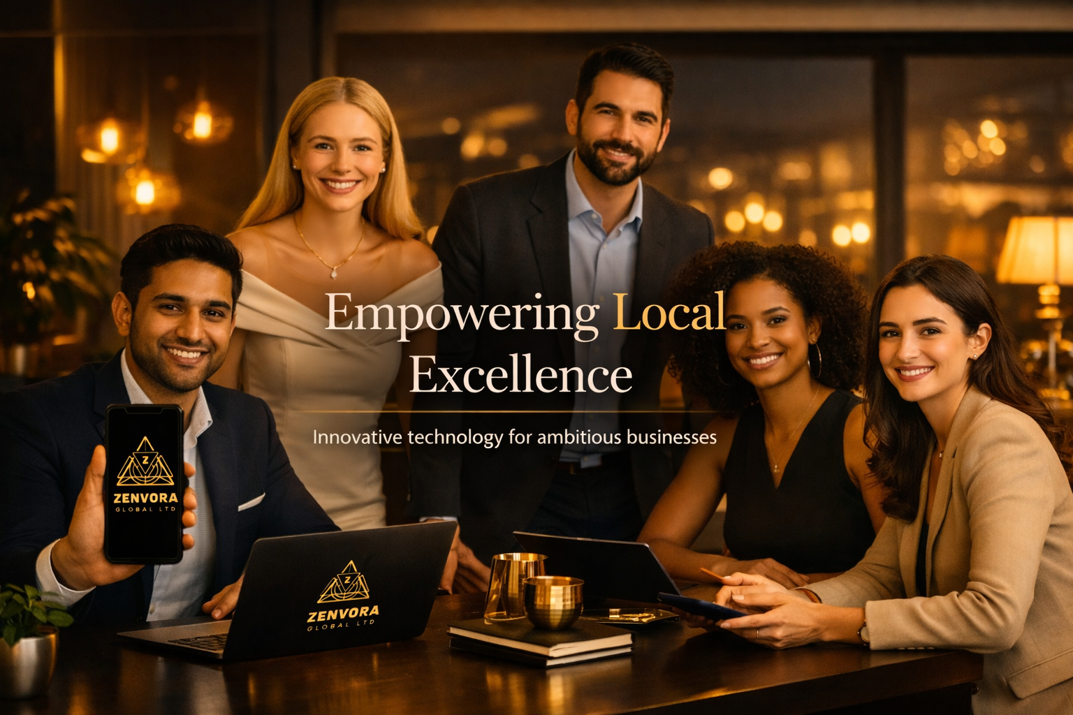 Group of five diverse businesspeople smiling in a modern, warmly lit meeting room with a laptop displaying the Zenvora logo, holding a phone with the same logo, with the words 'Empowering Local Excellence' and 'Innovative technology for ambitious businesses' overlayed.
