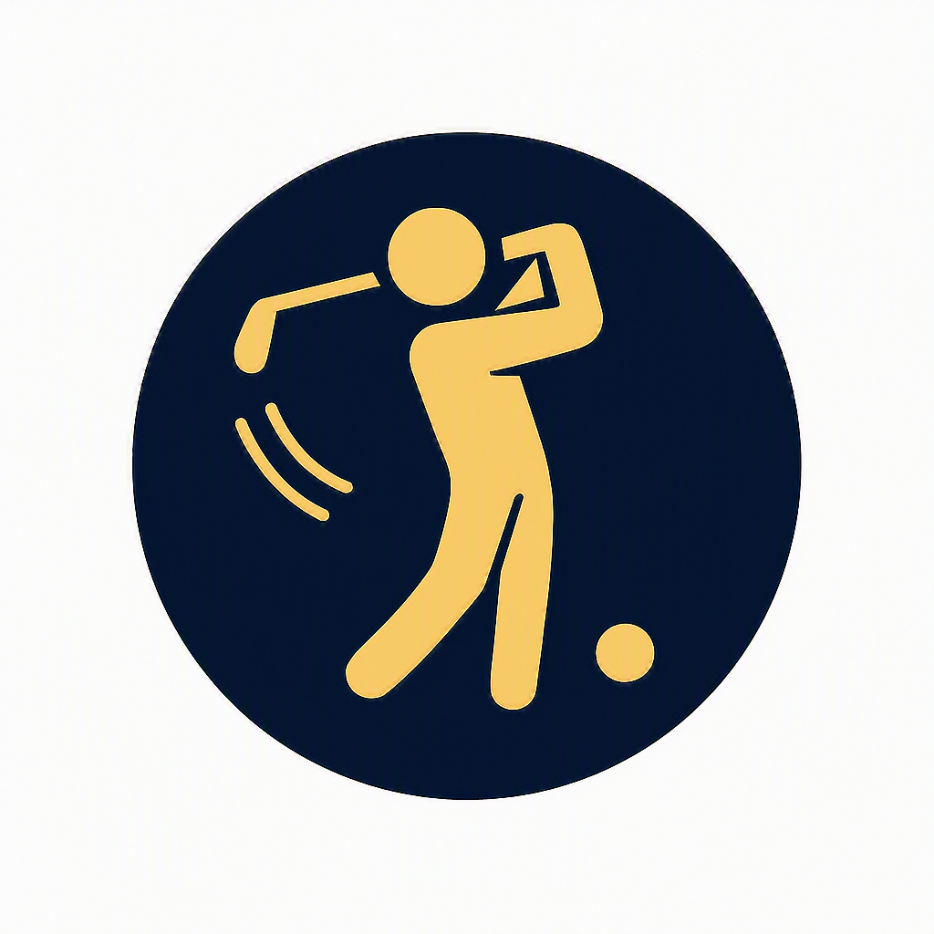 Icon of a person playing baseball, swinging a bat at a ball, with motion lines indicating movement, inside a dark circle.
