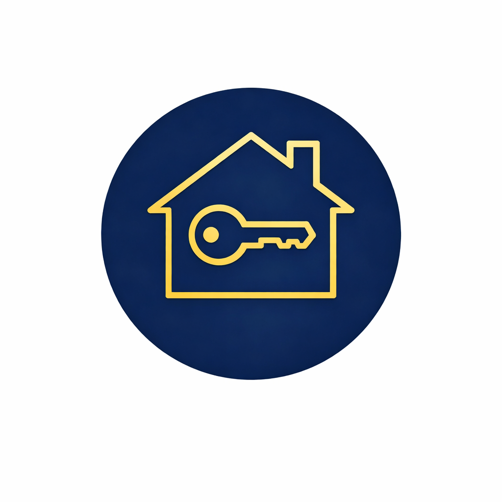 Illustration of a house with a key inside it, symbolizing home security or real estate, set against a navy blue circular background.