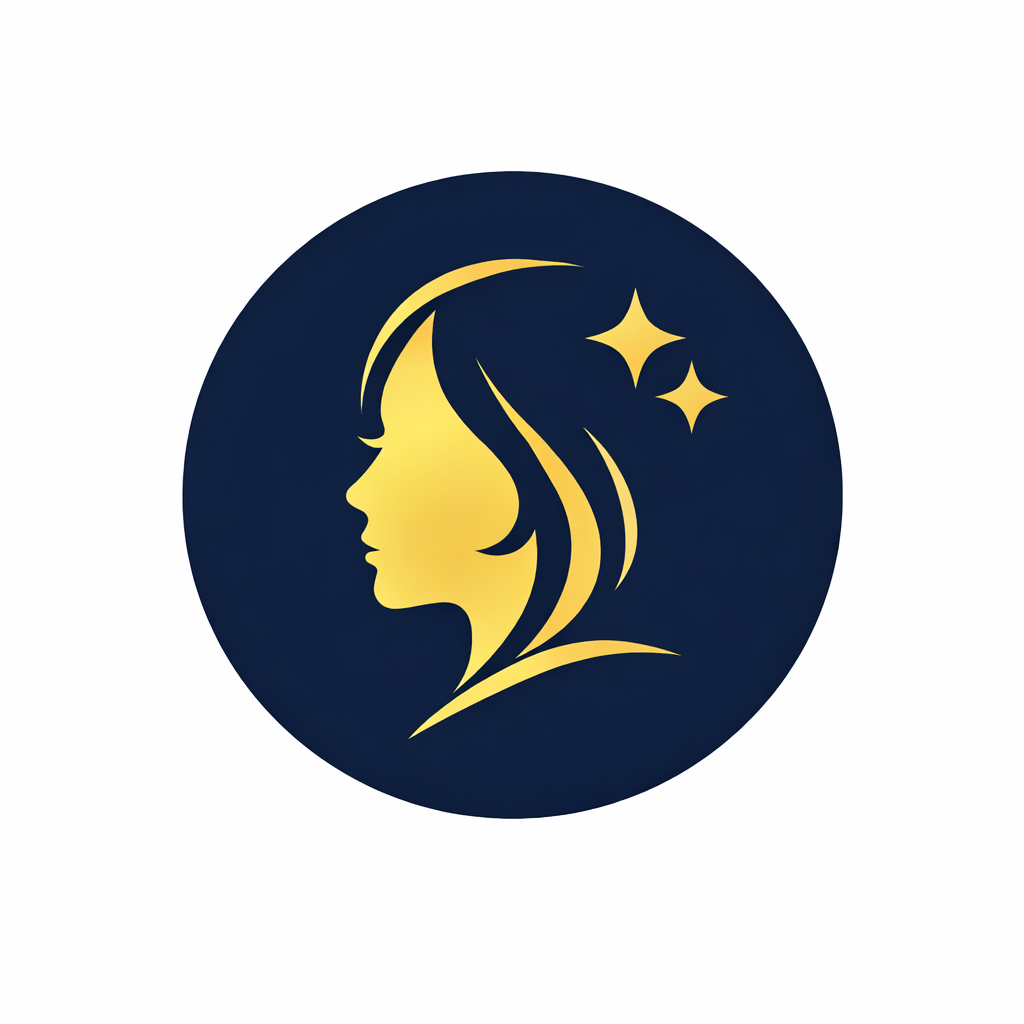 An artistic logo featuring a woman's profile in gold with flowing hair, set against a dark blue circular background with two gold stars. Representing beauty and wellness.