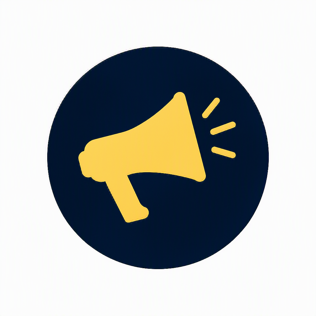 Yellow megaphone icon on a dark blue circular background.