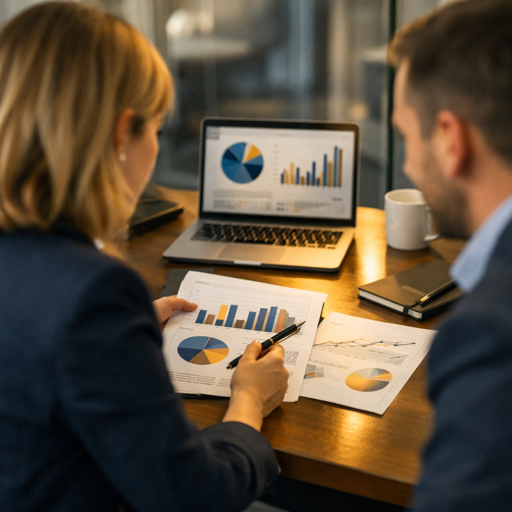 Two business professionals reviewing financial charts with a laptop displaying bar and pie charts, in an office conference room.