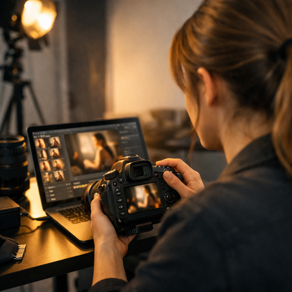 A woman working on photography or videography, holding a DSLR camera while reviewing images on a laptop screen in a dimly lit studio.