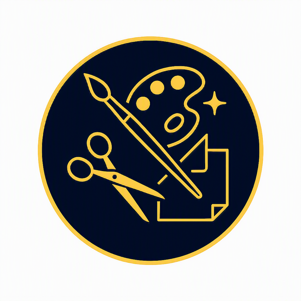 A circular icon with a black background and yellow outline featuring art supplies and creative symbols, including a paintbrush, scissors, painter's palette, paper, and star.