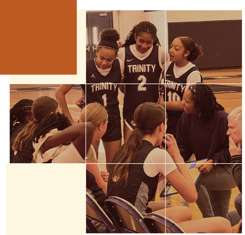 Girls' basketball team in uniforms of Trinity, gathered around coach or team leader during timeout or strategy discussion in a gym.