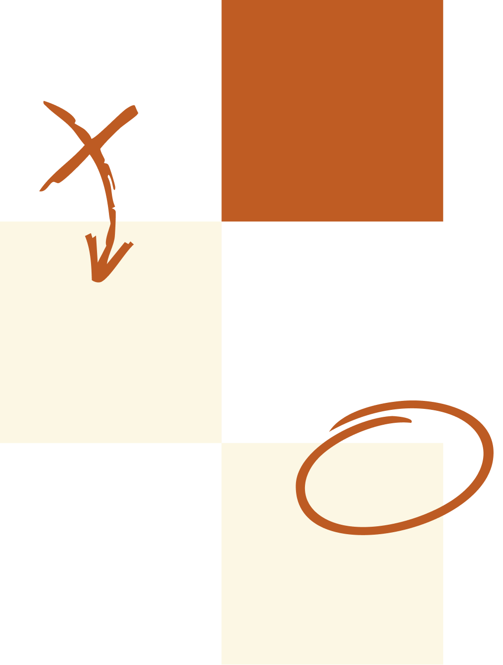 An abstract grid with four squares and scribbles in brown ink on a black and white background, with orange and cream-colored squares.
